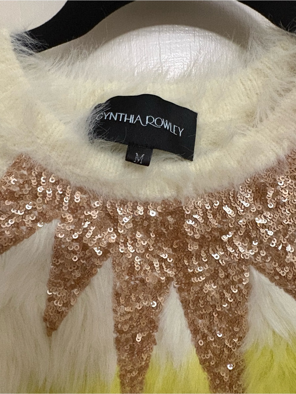 Cynthia Rowley Cream Fuzzy Sweater with Rose-Gold Sequin Accent